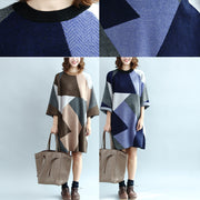 2024 geometric patchwork cotton knit dresses plus size casual bracelet sleeved sweater dress