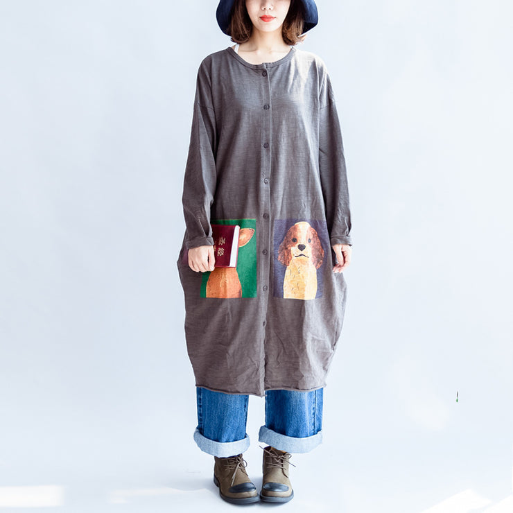 2024 gray cartoon print cotton cardigans plus size casual big coats