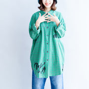 2024 green cartoon print cotton tops baggy loose grid casual long sleeve blouse