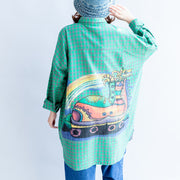 2024 green cartoon print cotton tops baggy loose grid casual long sleeve blouse