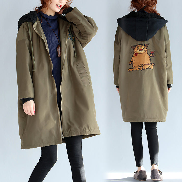 2024 green plus size cotton thick coats cartoon prints hooded warm zippered trench coats