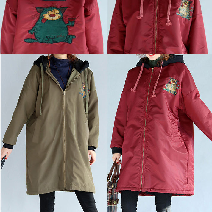 2024 green plus size cotton thick coats cartoon prints hooded warm zippered trench coats