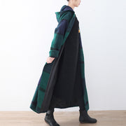 2024 green woolen coat casual trench coat plaid long coats hooded