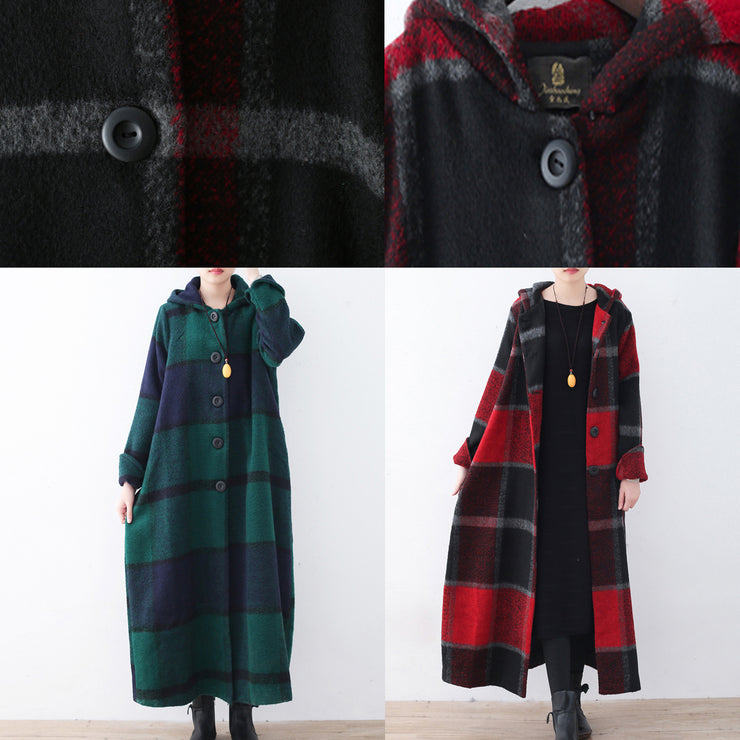 2024 green woolen coat casual trench coat plaid long coats hooded