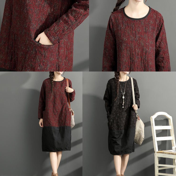 2024 new black prints cotton dresses oversize long sleeve thick warm women dress