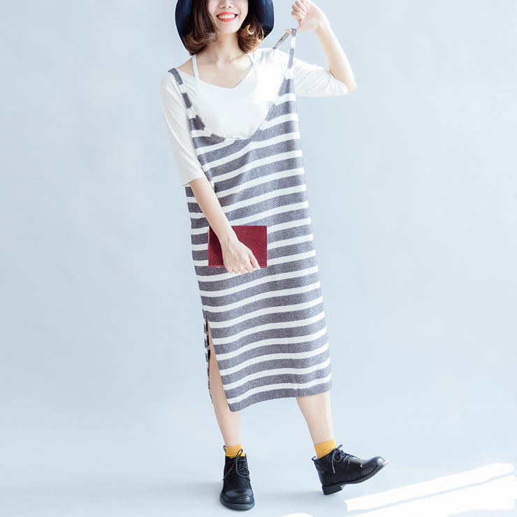 2024 new fashion gray white striped sweater sleeveless dresses loose  casual dress side open