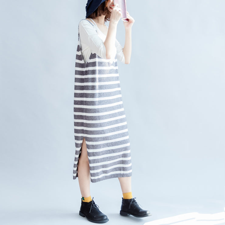 2024 new fashion gray white striped sweater sleeveless dresses loose  casual dress side open