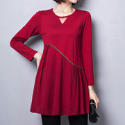 2024 new red cotton blended dresses loose  fit v neck patchwork chiffon dress