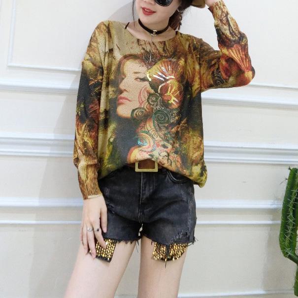 2024 plus size casual  fit sweater t shirts fashion belle prints long sleeve knit pullover