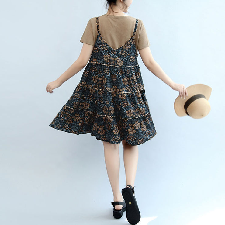 2024 summer brown casual t shirt and floral stylish sleeveless linen dresses two pieces