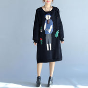 2024 winter black thick cotton dresses plus size prints long sleeve side open  casual shift dress