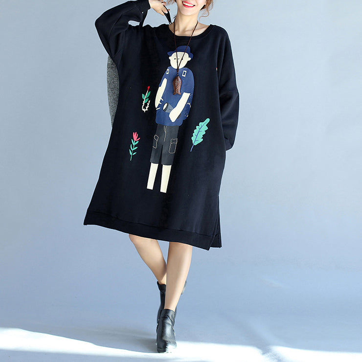 2024 winter black thick cotton dresses plus size prints long sleeve side open  casual shift dress