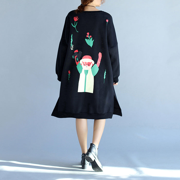 2024 winter black thick cotton dresses plus size prints long sleeve side open  casual shift dress