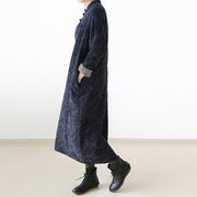 2024 winter linen dresses warm velour inside Jacquard long caftans winter dresses in navy