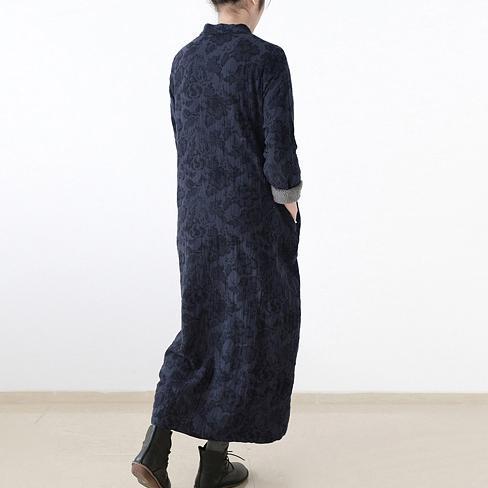 2024 winter linen dresses warm velour inside Jacquard long caftans winter dresses in navy