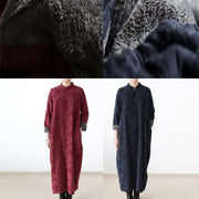 2024 winter linen dresses warm velour inside Jacquard long caftans winter dresses in navy