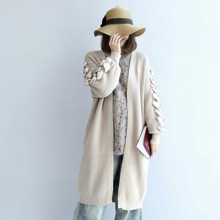 2024 winter nude long knit coats cardigans sweater outwear ribbon details