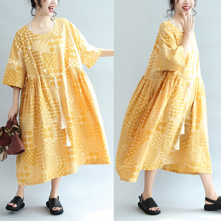 2024 yellow casual cotton dresses print  plus size sundress bracelet sleeved maxi dress