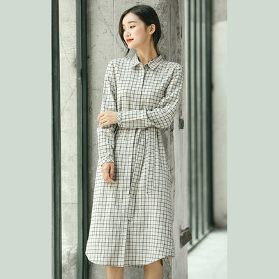 2018 Plaid fall casual linen dress baggy turn-down Collar linen dress - SooLinen