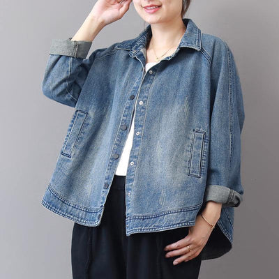 2019 autumn new casual denim blue cotton short coats plus size lapel collar wild tops coat - SooLinen