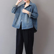 2019 autumn new casual denim blue cotton short coats plus size lapel collar wild tops coat - SooLinen