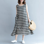 2019 black Plaid linen cotton shift dresses fine Sleeveless baggy dresses O neck Cinched cotton dress - SooLinen