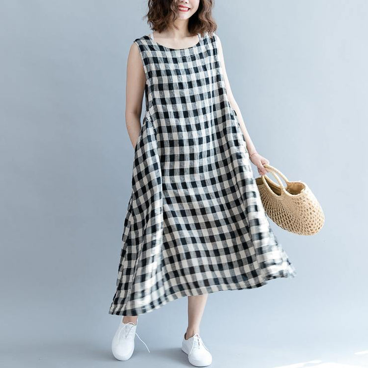 2019 black Plaid linen cotton shift dresses fine Sleeveless baggy dresses O neck Cinched cotton dress - SooLinen