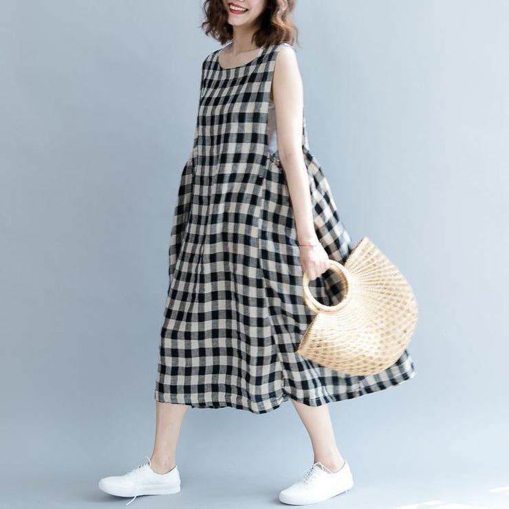 2019 black Plaid linen cotton shift dresses fine Sleeveless baggy dresses O neck Cinched cotton dress - SooLinen