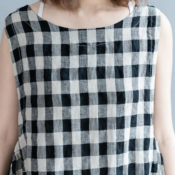 2019 black Plaid linen cotton shift dresses fine Sleeveless baggy dresses O neck Cinched cotton dress - SooLinen