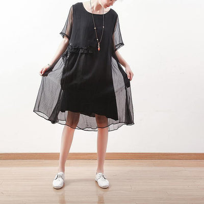 2019 black chiffon dresses casual holiday dresses New o neck asymmetric ruffles chiffon clothing dresses - SooLinen