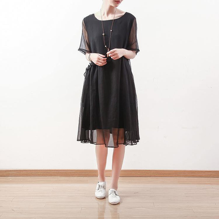 2019 black chiffon dresses casual holiday dresses New o neck asymmetric ruffles chiffon clothing dresses - SooLinen