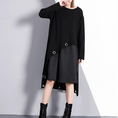 2019 black cotton blended oversize traveling dress two pieces asymmetric New O neck midi dress - SooLinen