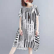 2019 black cotton blended shift dress plus size clothing casual dress Elegant short sleeve Geometric O neck asymmetric knee dresses - SooLinen