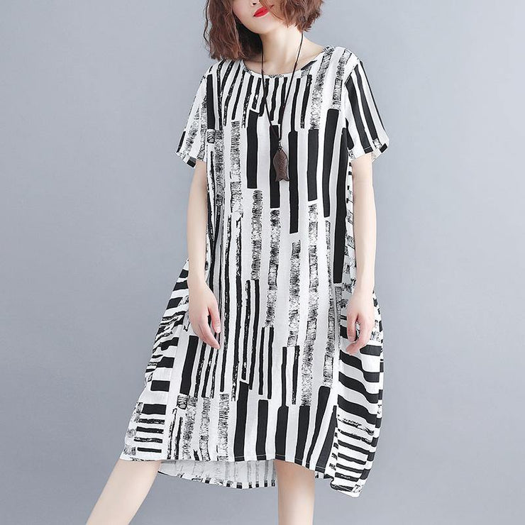 2019 black cotton blended shift dress plus size clothing casual dress Elegant short sleeve Geometric O neck asymmetric knee dresses - SooLinen