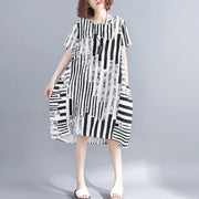 2019 black cotton blended shift dress plus size clothing casual dress Elegant short sleeve Geometric O neck asymmetric knee dresses - SooLinen