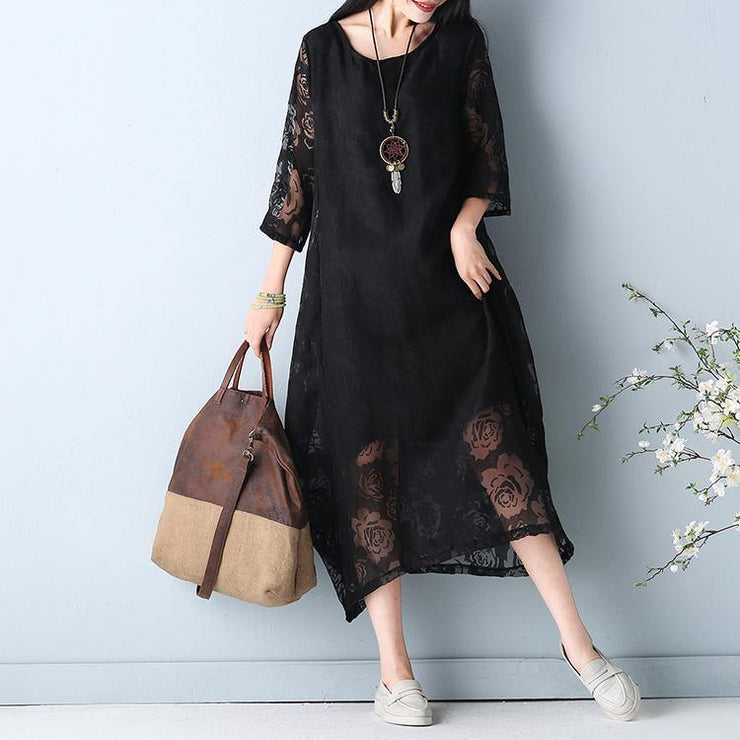 2019 black hollow out maxi dress o neck Half sleeve bridesmaid dress asymmetric summer dress - SooLinen