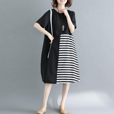 2019 black natural cotton dress casual casual dress fine short sleeve o neck cotton dress - SooLinen