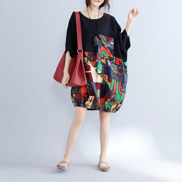 2019 black patchwork cotton shift dress casual cotton clothing dresses Fine batwing sleeve prints cotton dress - SooLinen