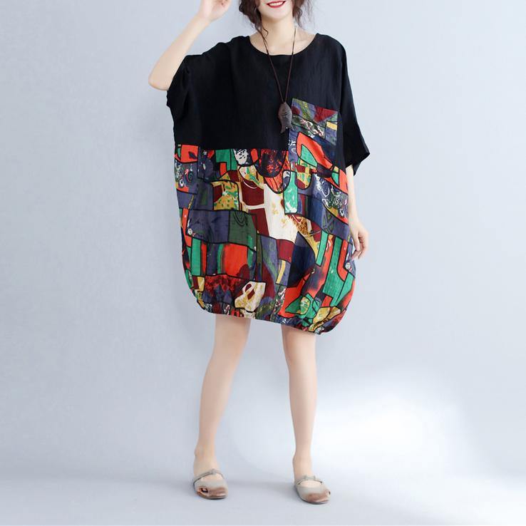 2019 black patchwork cotton shift dress casual cotton clothing dresses Fine batwing sleeve prints cotton dress - SooLinen