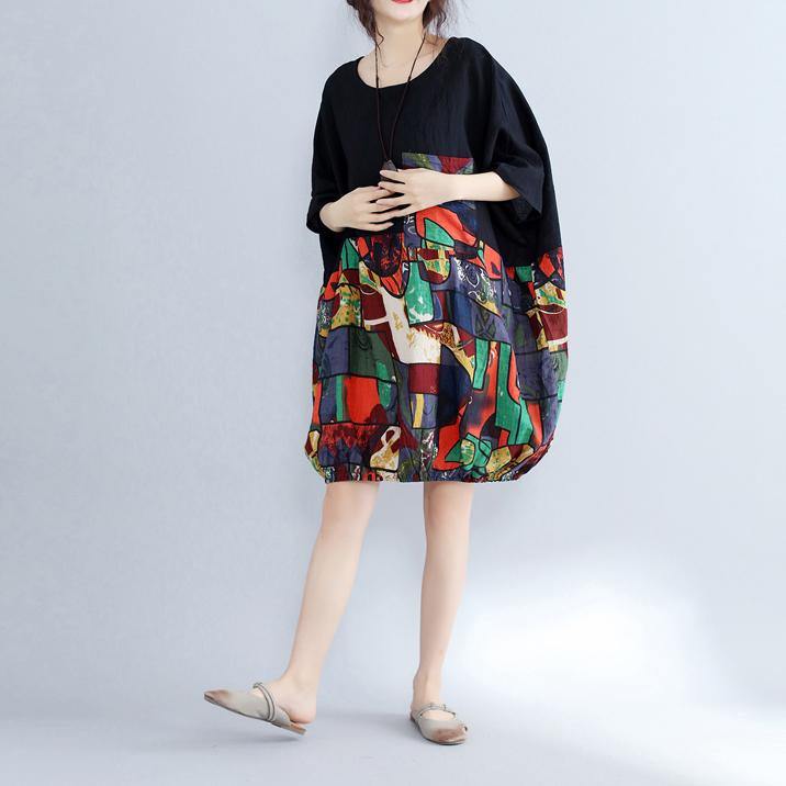 2019 black patchwork cotton shift dress casual cotton clothing dresses Fine batwing sleeve prints cotton dress - SooLinen