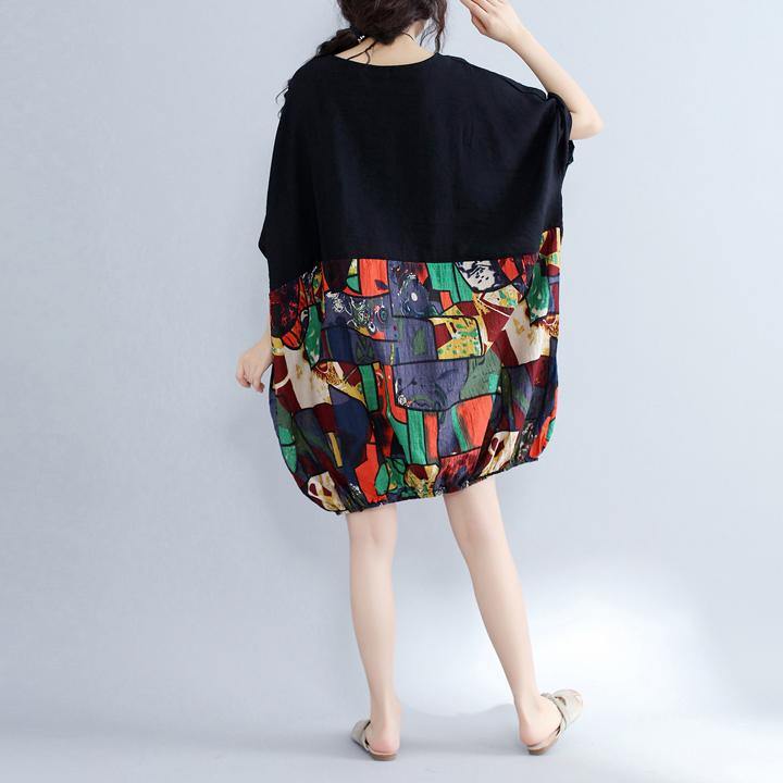 2019 black patchwork cotton shift dress casual cotton clothing dresses Fine batwing sleeve prints cotton dress - SooLinen