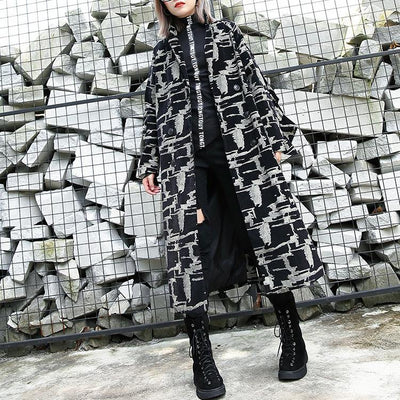 2019 black print Coat plus size lapel patchwork Coat Fine asymmetrical design coat - SooLinen