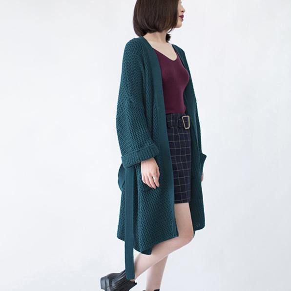 2019 blackish green Wool Coat plus size flare sleeve tie waist maxi coat Elegant pockets coat - SooLinen