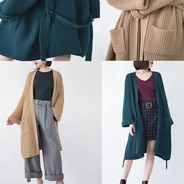 2019 blackish green Wool Coat plus size flare sleeve tie waist maxi coat Elegant pockets coat - SooLinen