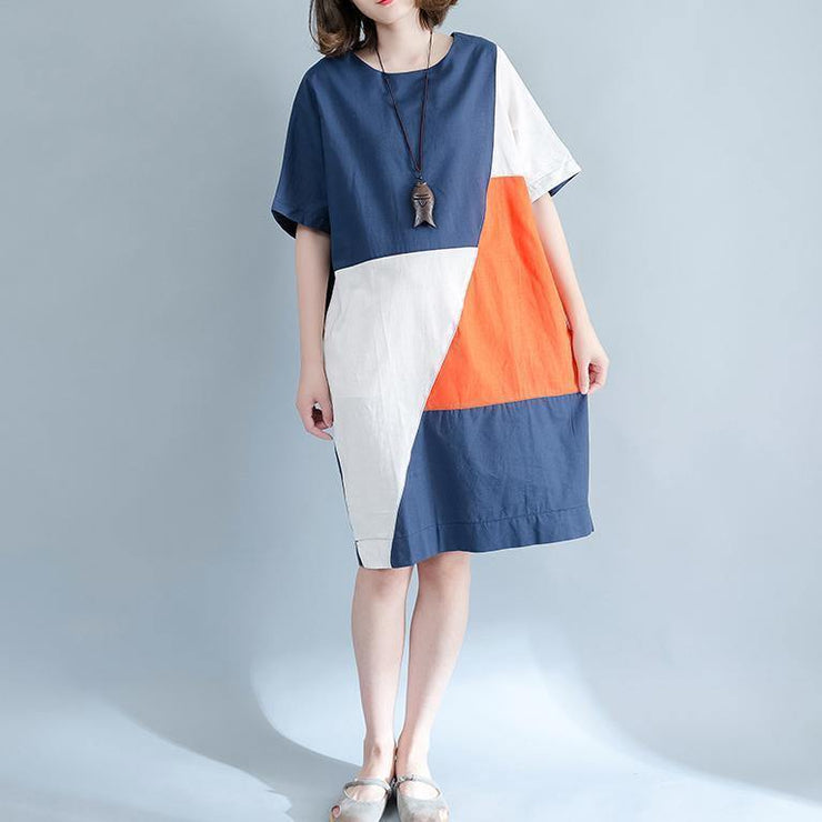 2019 blue linen shift dresses casual shirt dress Fine short sleeve patchwork knee dresses - SooLinen