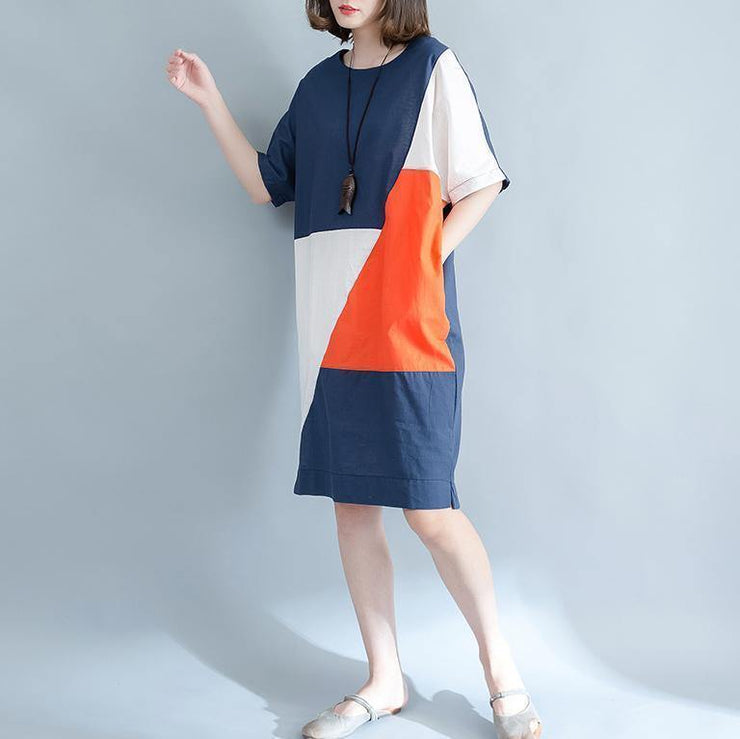 2019 blue linen shift dresses casual shirt dress Fine short sleeve patchwork knee dresses - SooLinen