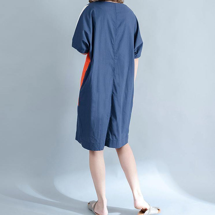 2019 blue linen shift dresses casual shirt dress Fine short sleeve patchwork knee dresses - SooLinen