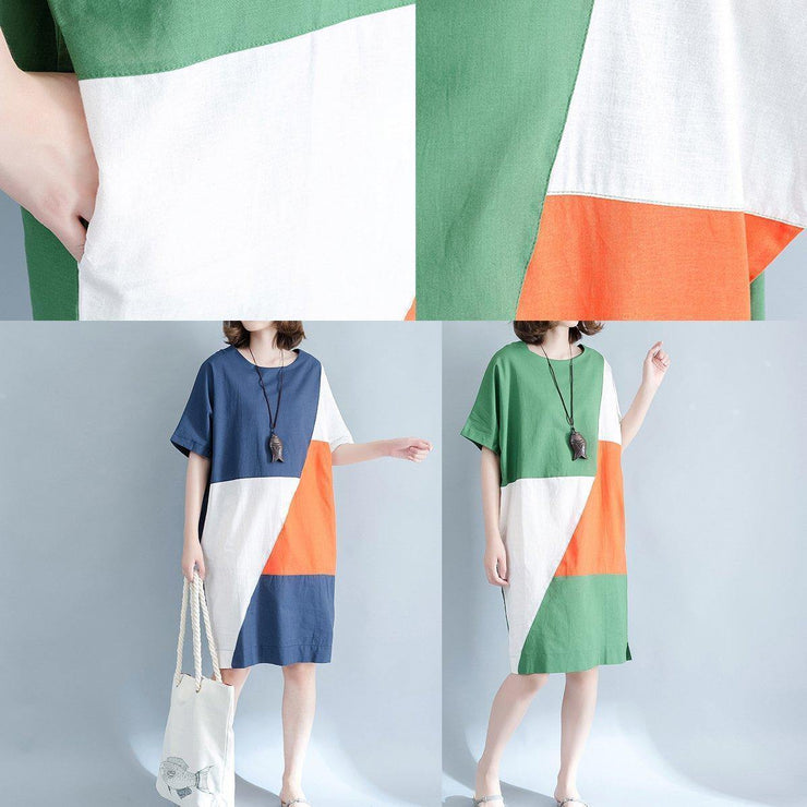 2019 blue linen shift dresses casual shirt dress Fine short sleeve patchwork knee dresses - SooLinen