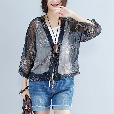 2019 casual gray prints silk cardigans oversize long sleeve tie bust tops - SooLinen