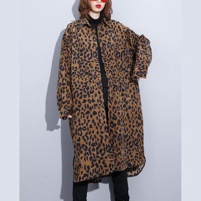 2019 chocolate Leopard coat plus size clothing dress side open casual Turn-down Collar Button coat - SooLinen